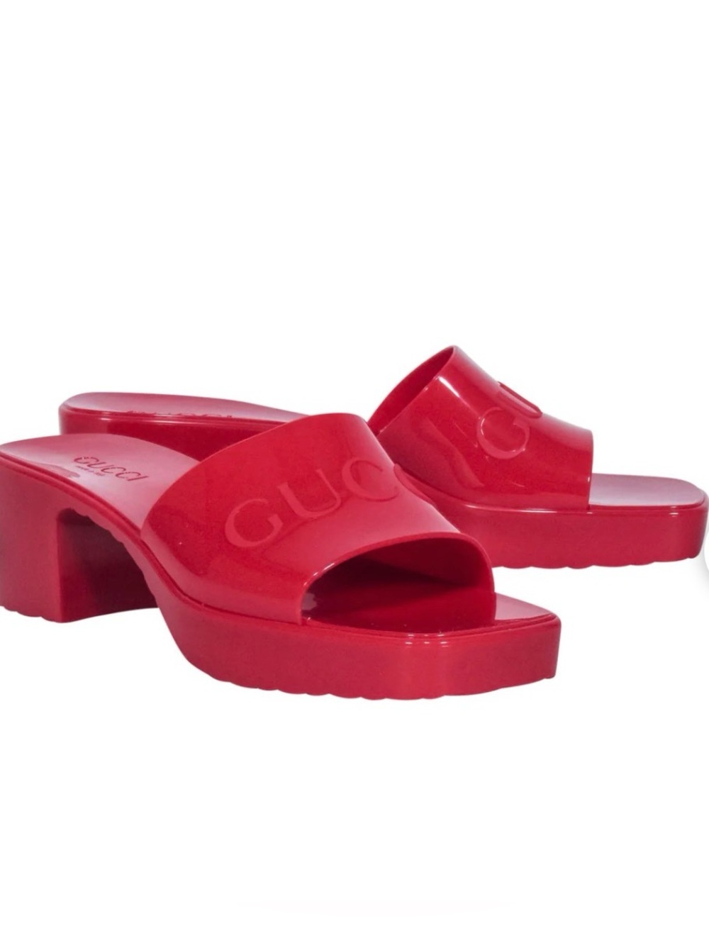 Authentic Gucci Red Rubber Logo Platform Slide Sandals